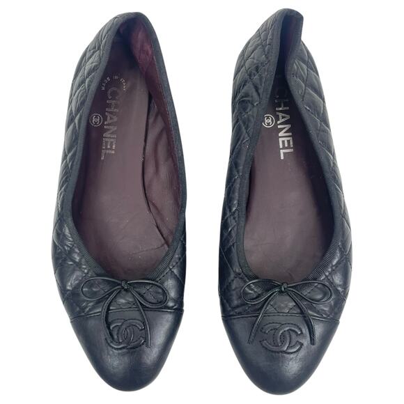 Chanel Cap Toe CC Logo Bow Quilted Leather Ballet Flats Black Size 40 - Picture 2 of 12